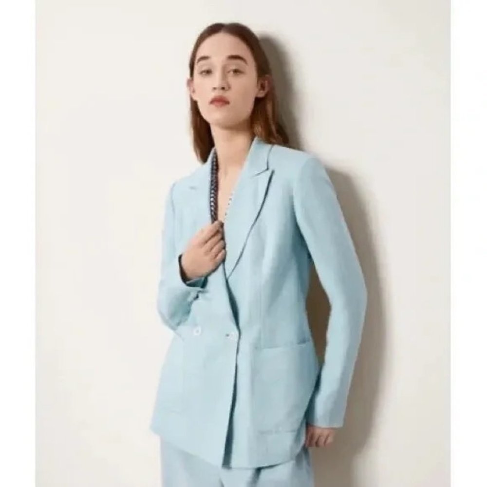 Massimo Dutti Light Blue Linen-Blend Blazer